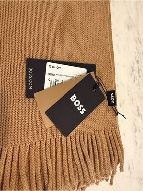 BOSS Camel Brown Knit Scarf with Fringe